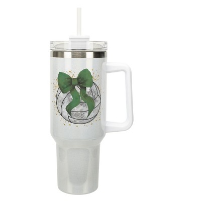 Elanze Designs 40 Ounce Stainless Steel Double Wall Insulated Glitter Travel Tumbler With Handle, Straw, and Lid, Volleyball With Green Bow White