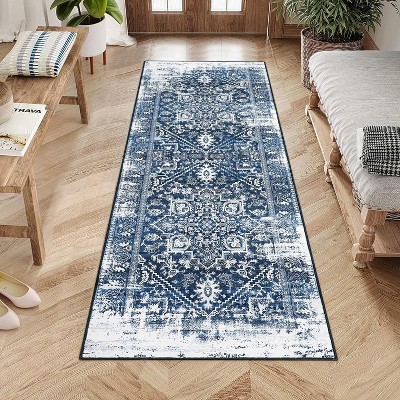 Washable Rug Large Living Room Rug Oriental Traditional Rug Vintage Rug Large Rug Blue Rug Distressed Floral Print Indoor Rug