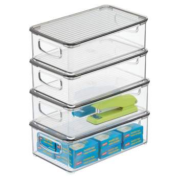 mDesign Plastic Office Storage Bin Box with Lid and Handles, 4 Pack