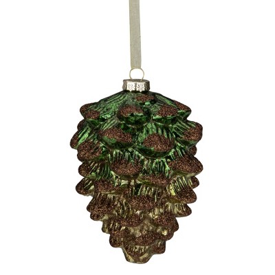 Northlight 4.5" Green Pine Cone with Bronze Glitter Glass Christmas Ornament