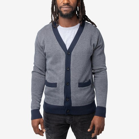 X Ray Men's Herringbone Cardigan Sweater In White/navy Size Large