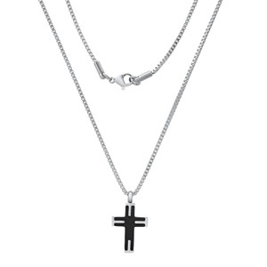Steeltime 24" Men's two tone black ip & stainless steel textured small cross pendant - 1 of 4