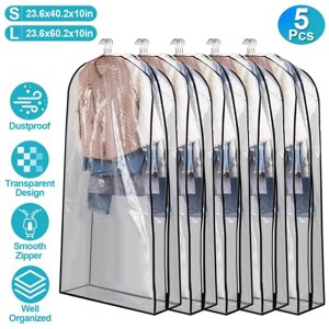Racxily 5 Pack 60In Garment Bag for Hanging Clothes Dustproof Waterproof Hanging Clothes Storage Bag Clear Transparent Suits Cover - 1 of 4