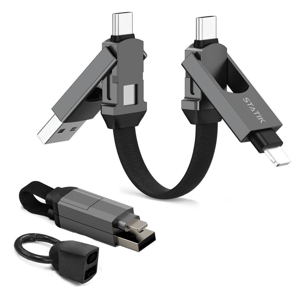 STATIK 6.6'' Hexcharge Universal 4-in-1 Multi-Charging Cable - Black: Apple Lightning, USB-C, USB-A, 480 Mbps