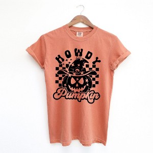 Simply Sage Market Women's Howdy Pumpkin Checkered Short Sleeve Garment Dyed Tee - 1 of 2