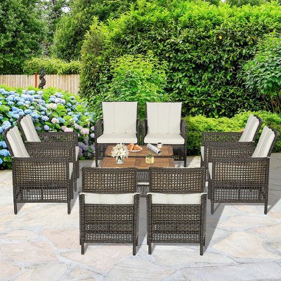 Costway 10PCS Patio Rattan Furniture Set Cushioned Sofa Armrest Wooden Tabletop