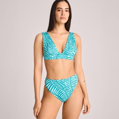 Vitamin A Women's Longline Bikini Top - Jade Print S: Botanical Leaf Pattern, Deep V Neck, Removable Padding
