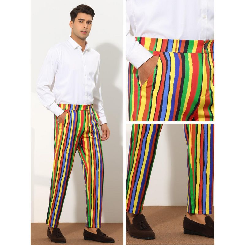 Lars Amadeus Men's Regular Fit Flat Front Color Block Rainbow Striped Trousers, 5 of 6