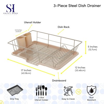 Beige Metal 3-Piece Dish Drainer Rack with Utensil Cup