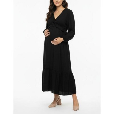 Women's Puff Sleeve Ruffle Midi Maternity Dress | Motherhood Maternity