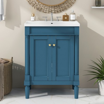24'' Retro-Style Bathroom Vanity with Resin Sink, 2-Tier Modern Bathroom Storage Cabinet with Soft-Closing Doors - ModernLuxe