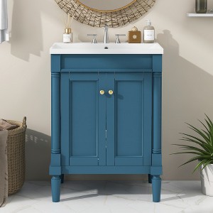 24'' Retro-Style Bathroom Vanity with Resin Sink, 2-Tier Modern Bathroom Storage Cabinet with Soft-Closing Doors - ModernLuxe - 1 of 4