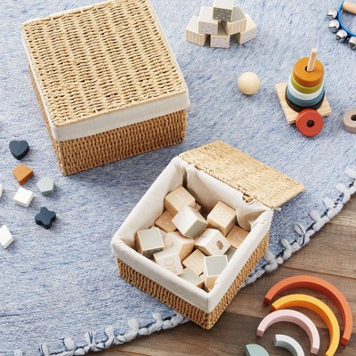 Natural Wicker Rectangular Storage Baskets with Lids and Liners
