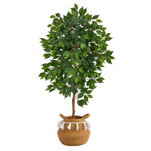 Nearly Natural 4-ft Ficus Artificial Tree in Boho Chic Handmade Natural Cotton Woven Planter with Tassels - 1 of 4