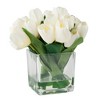 Tulip Floral Arrangement in Vase- 24 Cream Artificial Flowers with Leaves in Decorative Clear Glass Square Bowl & Faux Water for Décor by Pure Garden - image 3 of 4