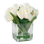 Nature Spring Tulip Floral Arrangement in Vase With 24 Artificial Flowers With Leaves in Decorative Clear Glass Square Bowl - Cream/Green