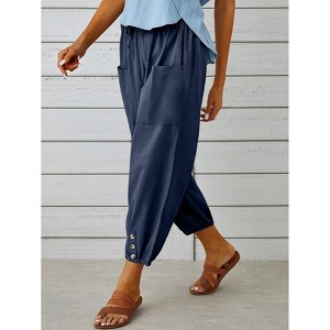 Pants High Waist Drawstring Cinch Bottom with Button Cotton Loose Casual Trouser with Pockets - 1 of 4