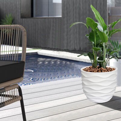 White Wavy Magnesium Oxide Round Planter, 16-Inch