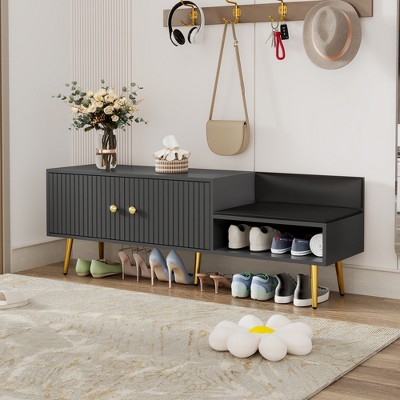54.3"W Storage Bench, Entryway Storage Shoe Cabinet with Upholstered Cushions 4Q -ModernLuxe