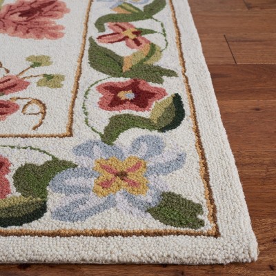 Ivory Floral Hand-Hooked Wool Runner Rug, 2'6" x 10'