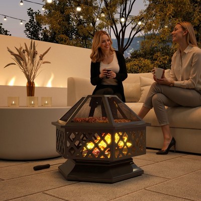 Hexagonal Black Steel Wood-Burning Fire Pit with Grill