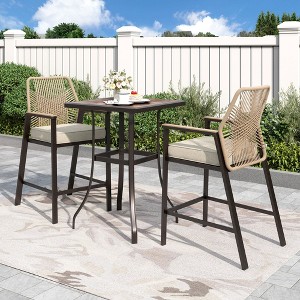 Captiva Designs Outdoor Patio Dining Bar Set with Steel Bar Table & Rattan Bar Stools with Cushions - 1 of 4