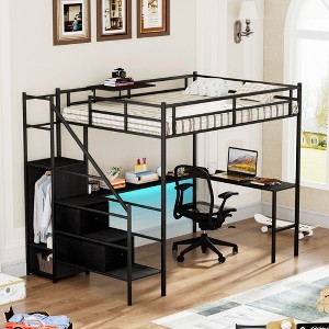 Okak Full Size Metal Loft Bed with L-shaped Desk, Bed Frames with Safety Rails, Ladder and Storage Shelves, Twin Bed for Bedroom, Kids Room, Black - 1 of 4
