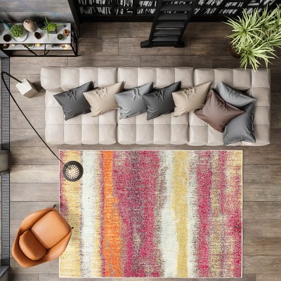 Cream and Pink Abstract Synthetic Area Rug