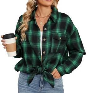 Clearlove Women Plaid Long Shirt Button Down Casual Loose Shirts with Pocket - 1 of 4