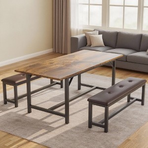 3-Piece Kitchen Table with 2 Upholstered Benches, 63" Extendable Dining Table Set - 1 of 4