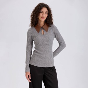 Women's Long Sleeve Rib-Knit Contrast Collared Top - A New Day™ - 1 of 3