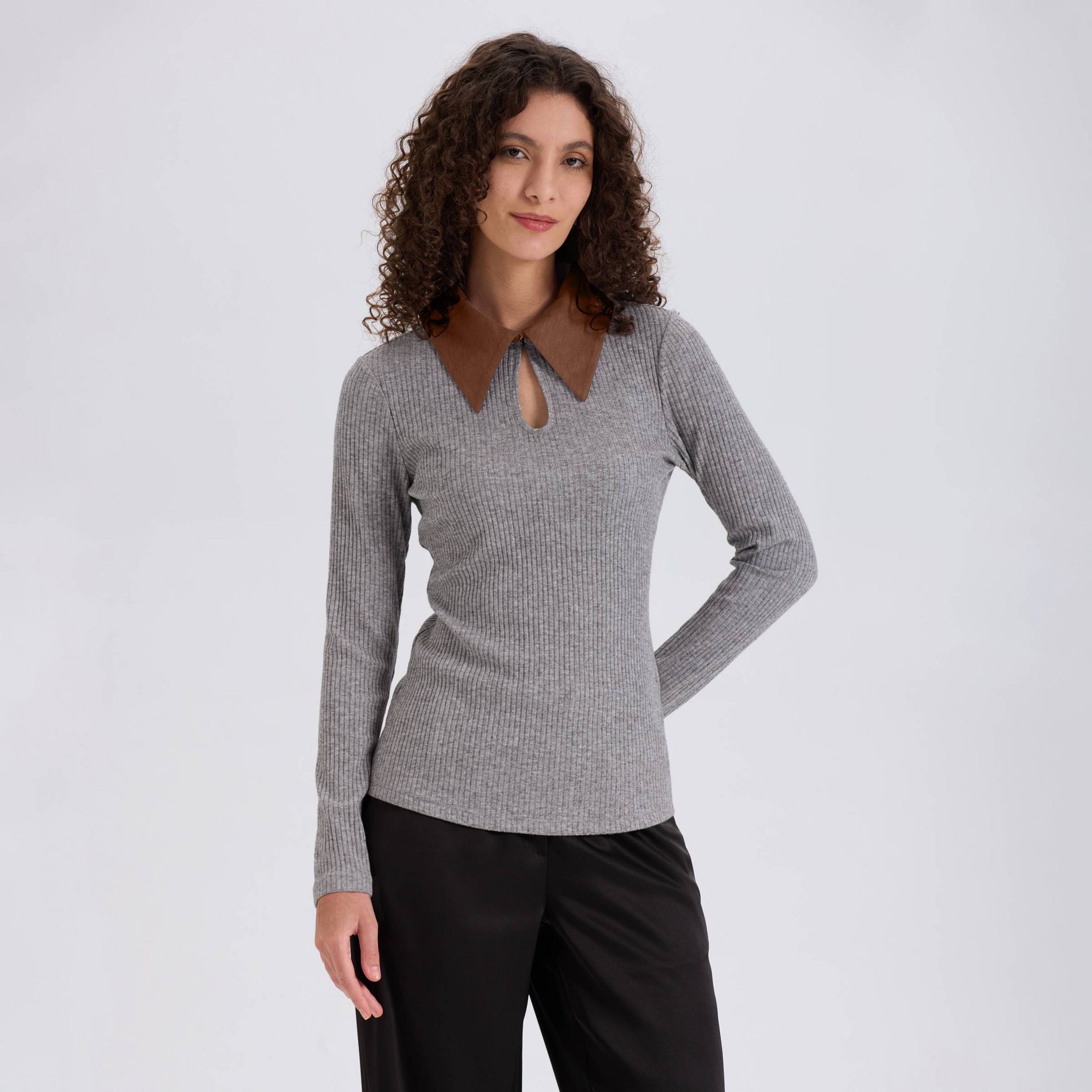 Women's Long Sleeve Rib-Knit Contrast Collared Top - A New Day™ Heather Gray XL