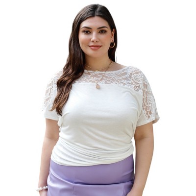 Slickblue Plus Size Ivory Lace Tee, Short Sleeve Casual Top, Relaxed Fit Shirt, Everyday Style, Size 1XL-3XL