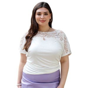 Slickblue Plus Size Ivory Lace Tee, Short Sleeve Casual Top, Relaxed Fit Shirt, Everyday Style, Size 1XL-3XL - 1 of 4