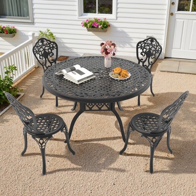 Hzzkey 5-Piece Black Outdoor Aluminum Round Dining Set,4 Chairs, Umbrella Hole, Weather-Resistant