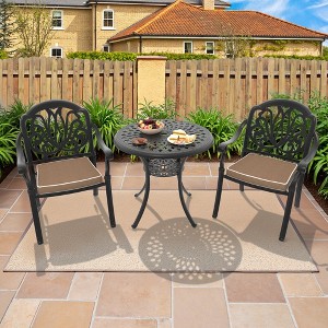 3-Piece Cast Aluminum Outdoor Dining Set: Round Table, Stackable Chairs & Brown Cushions - All-Weather Patio Furniture for Your Backyard - 1 of 4