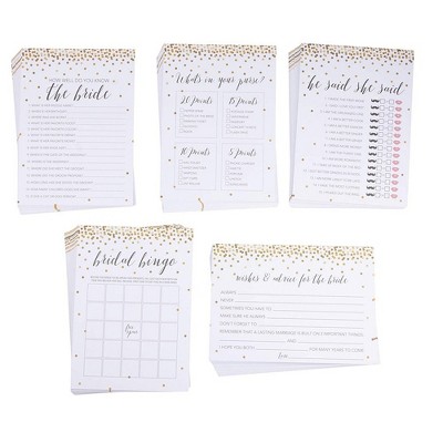 Juvale 5-Pack Gold Polka Dot Confetti Bridal Shower Party Games, 5 Games with 50 Cards Each