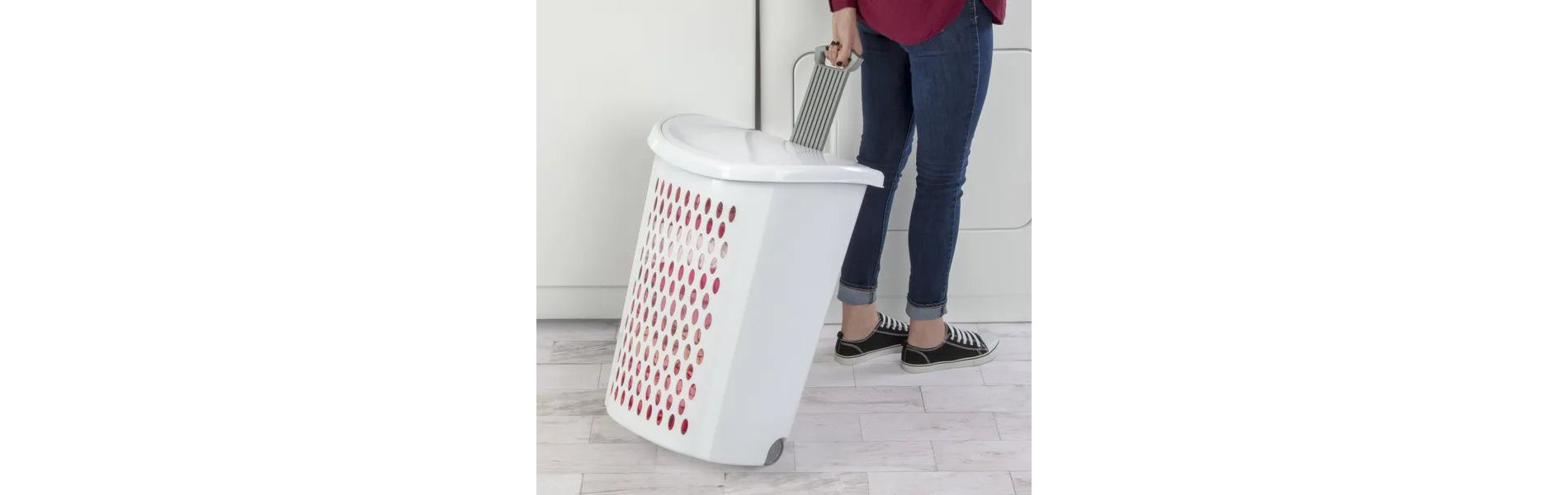 Wheeled Hamper, Plastic Laundry Hamper with Handle for Easy Transport, White