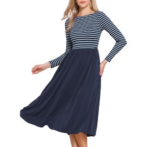 INSPIRE CHIC Women's Striped Patchwork Long Sleeves Crew Neck A-Line Casual Midi Dress - 1 of 4