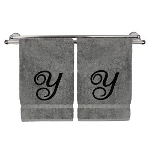 BC BARE COTTON Monogrammed Hand Towel, 100% Turkish Cotton - Set of 2 - Gray - Black Script - 1 of 4
