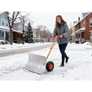 Snow Shovel Pusher for Driveway,Heavy Duty 2-Wheel Snow Shovel with Single Rod,29" Angled Blade Efficient Metal Snow Removal,Adjustable Height Handle - 1 of 4