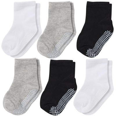 CozyWay Non-Slip Crew Grip Kids Socks, 6 Pack for Boys & Girls, Black/White/Gray, 7-9 Years Old