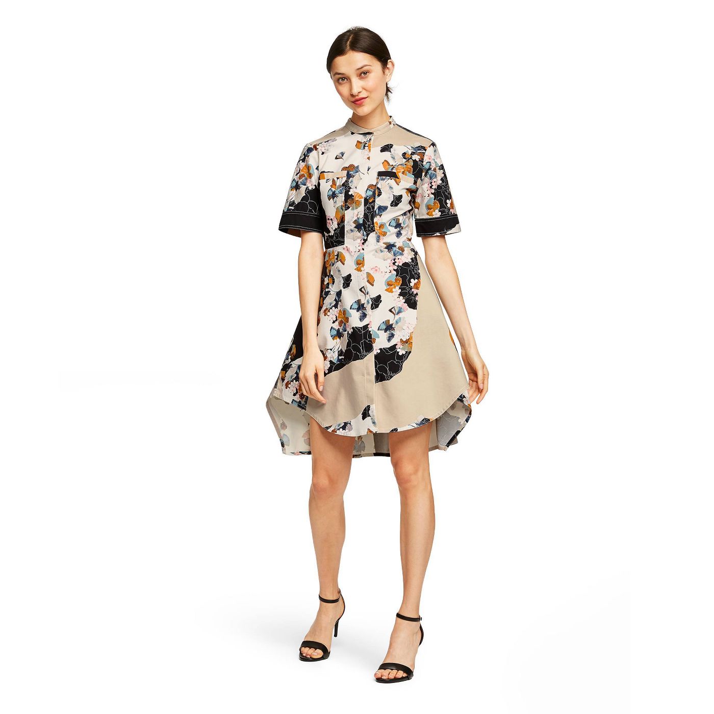 Women's Floral Print Short Sleeve Crewneck Zip-Front Shirtdress