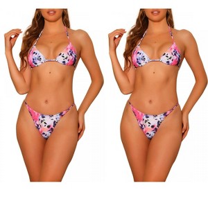 Elerevyo Women's Leopard Print Halter Lace Up Triangle Thong Bottoms Swimwear Bathing Suits 2 Sets - 1 of 4