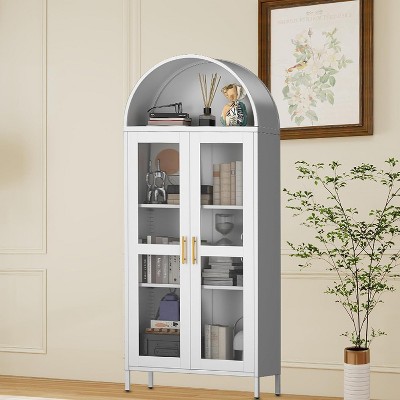 73" Arched Metal Storage Cabinet, Adjustable Shelves & Drawer Option, Bookcase Storage Organizer with Glass Doors ,Cold-Rolled Steel