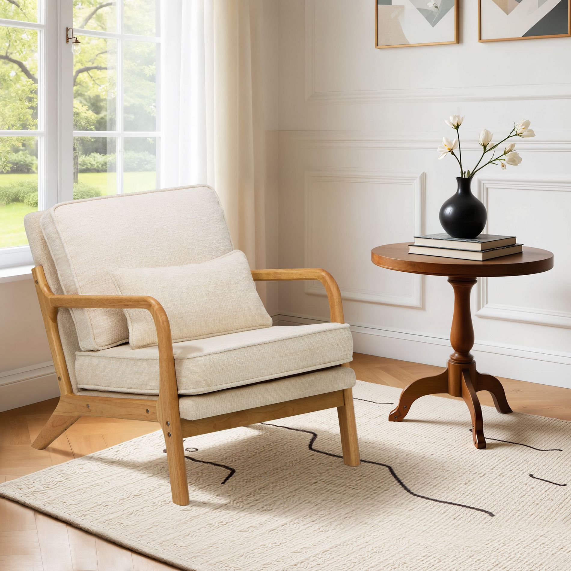 Ora Maison Beige Modern Accent Chair with Lumbar Pillow and Wooden Frame, Perfect for Living Room or Office
