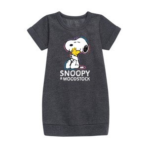 - Peanuts - Snoopy And Woodstock Graphic Short Sleeve Fleece Dress - 1 of 4
