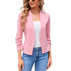 Women's 3/4 Sleeve Blazer Casual Open Front Cardigan Shrugs Ruched Sleeve Office Cropped Blazer Jacket - 1 of 4