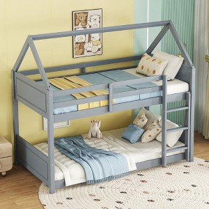 NicBex Twin Over Twin Rubberwood Floor Bunk Bed with Stairs & Guardrails,House Bed Frame for Kids Room,Light - 1 of 4