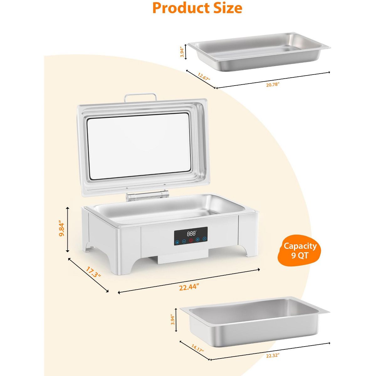 9QT Full-Size Electric Chafing Dish Set. Professional roll-top food warmer with precise touch screen thermostat and glass lid for catering - thumbnail 10
